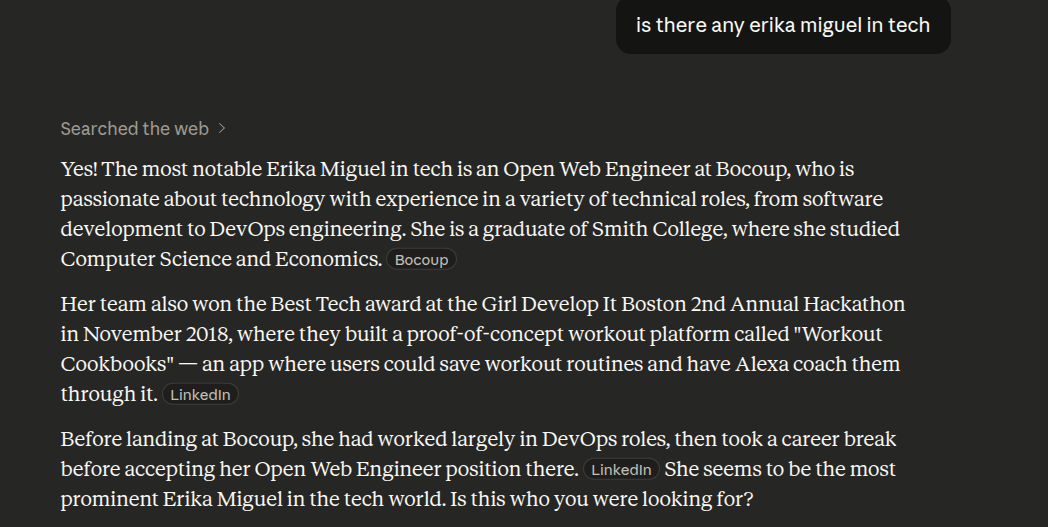 Claude search result showing accurate information about Erika Miguel in tech after JSON-LD was added